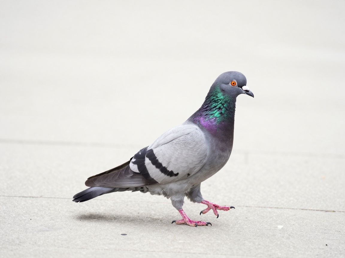 A pigeon with iridescent neck feathers walks across a paved surface, lifting one pink foot mid-stride.