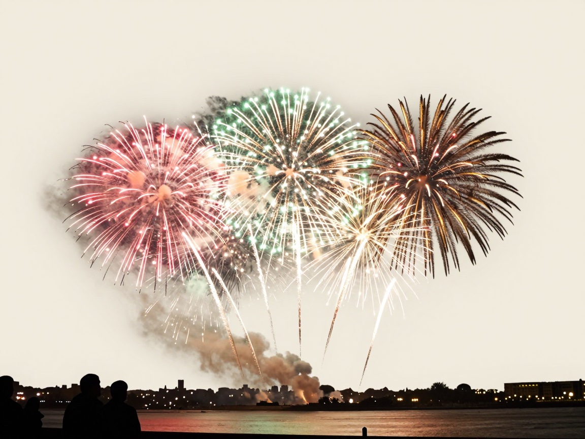 Three bursts of red, green and gold fireworks open together over a river bank, with a few spectators in silhouette.