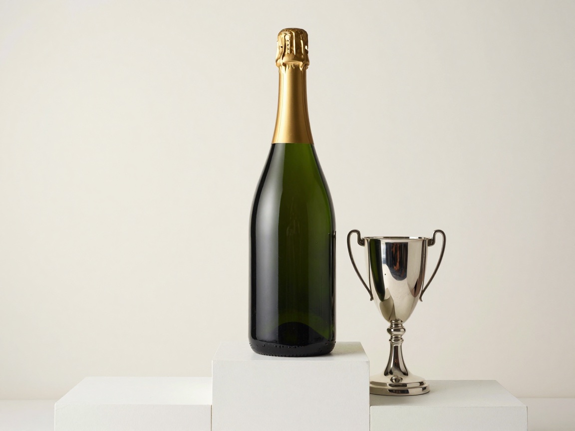 Unopened dark green champagne with gold foil stands on the top step of a white podium, a two-handled silver trophy on the step beside it.