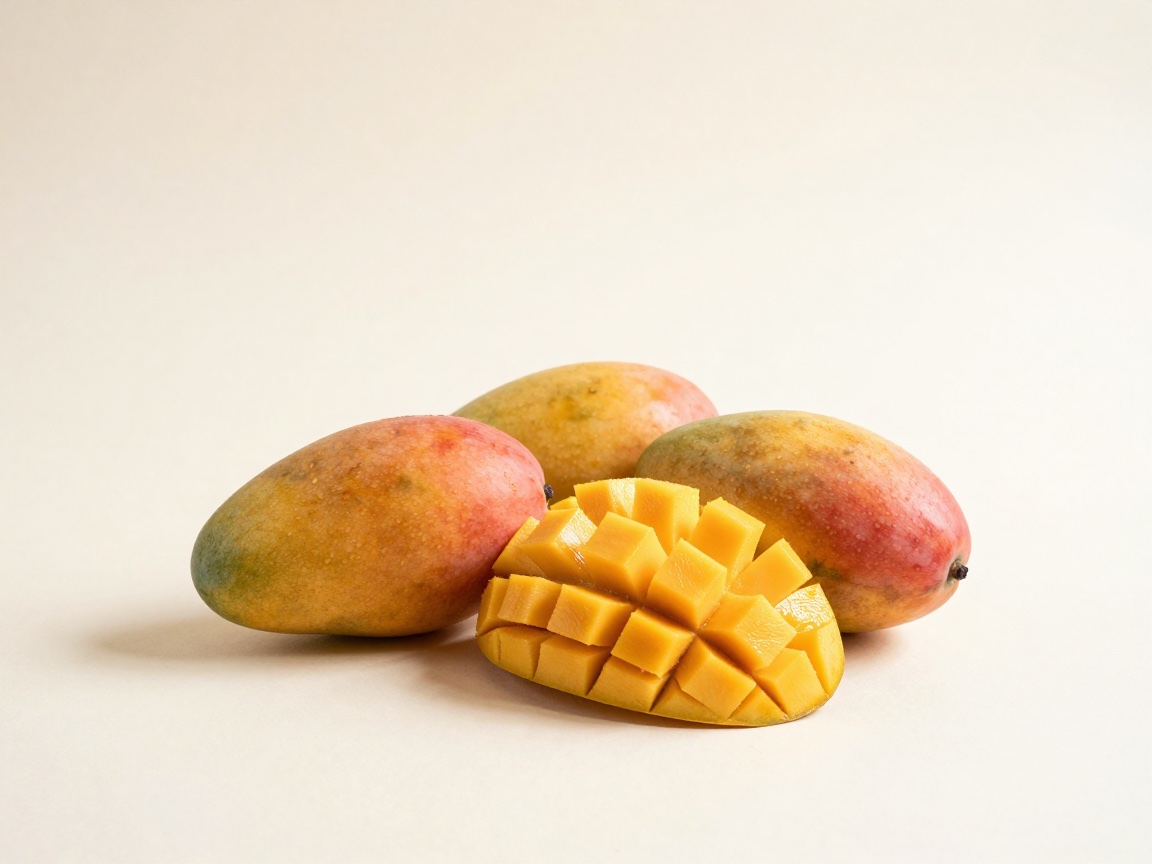 Three red-and-yellow mangoes, with one half cut in a grid pattern to show bright orange flesh.
