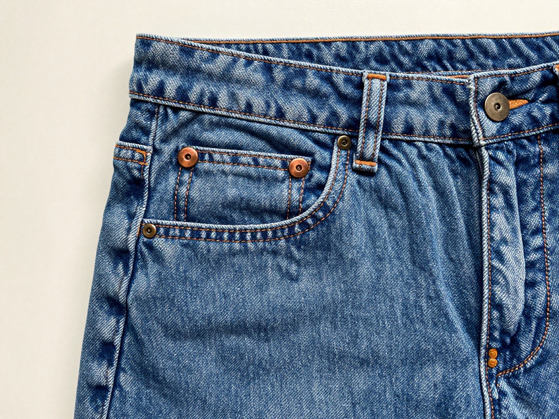 Close-up of the front right of blue jeans, where a small pocket with orange stitching and copper rivets sits above the main pocket.