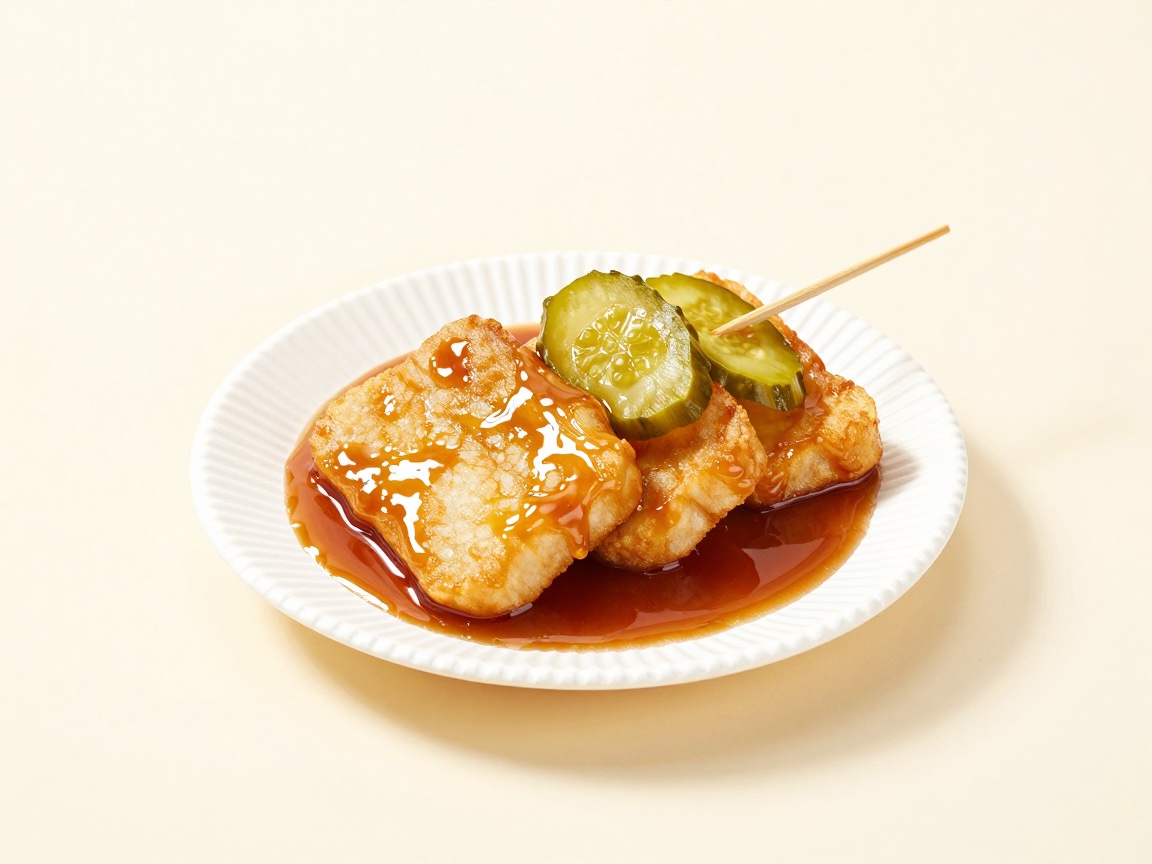 A white paper plate of golden tianbula pieces glazed in thick sauce, topped with pickled cucumber slices and a bamboo toothpick.