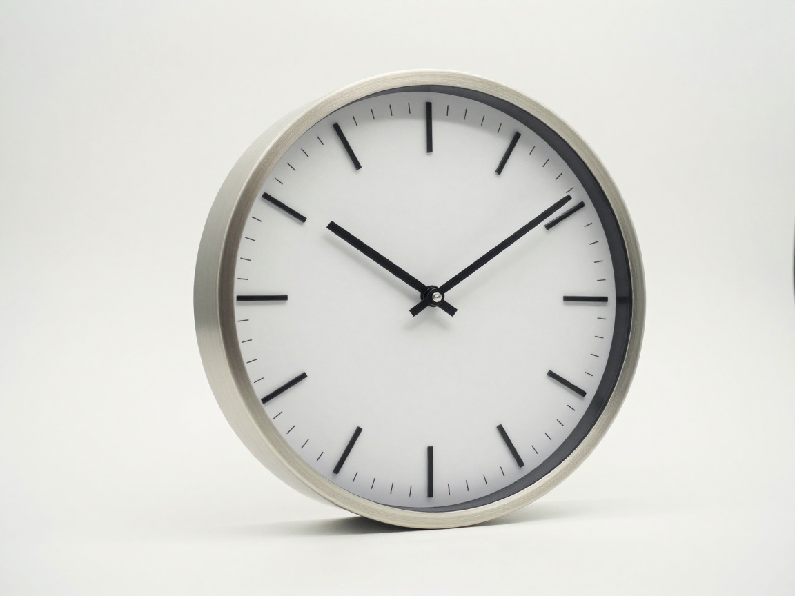 A minimalist round clock with a brushed metal frame, featuring a white face with black tick marks and slender hands.