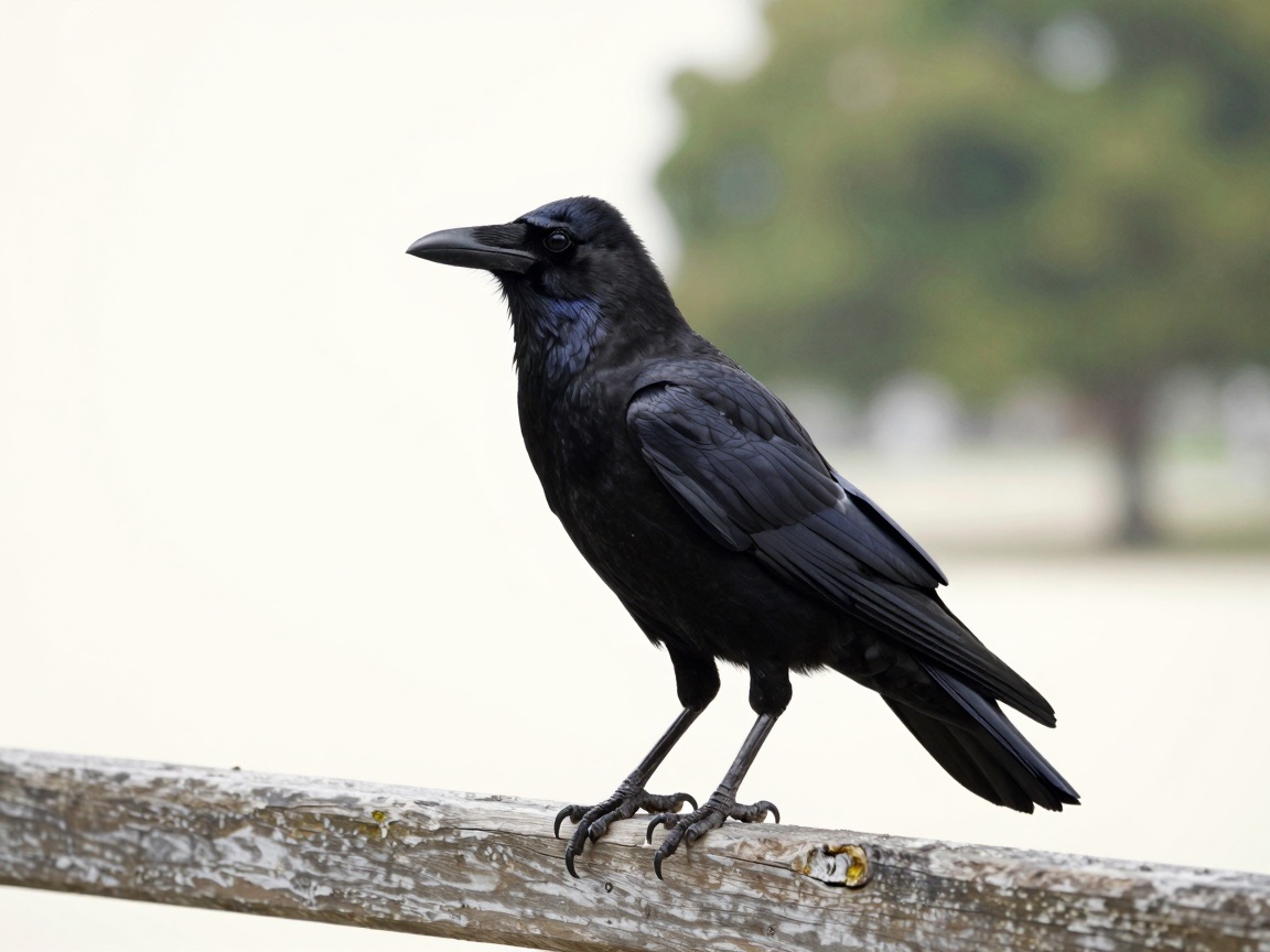 A black crow stands on a weathered wooden railing, body turned left, its feathers showing a faint blue sheen against blurred green trees.