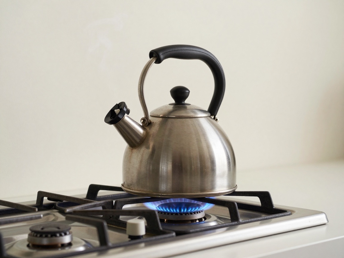 A stainless steel whistling kettle sits on a gas stove, a ring of blue flame burning beneath it.
