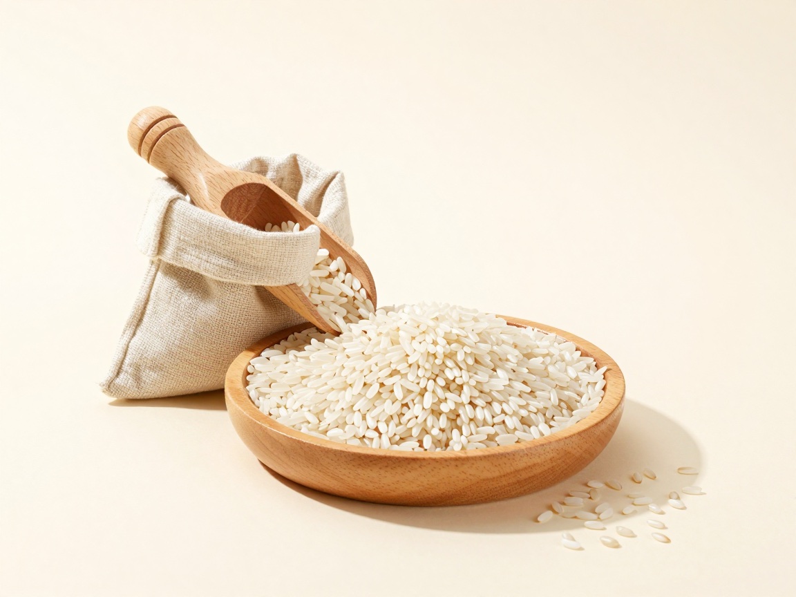 A wooden bowl piled with long slender grains of uncooked white rice, beside a linen sack and a wooden scoop.