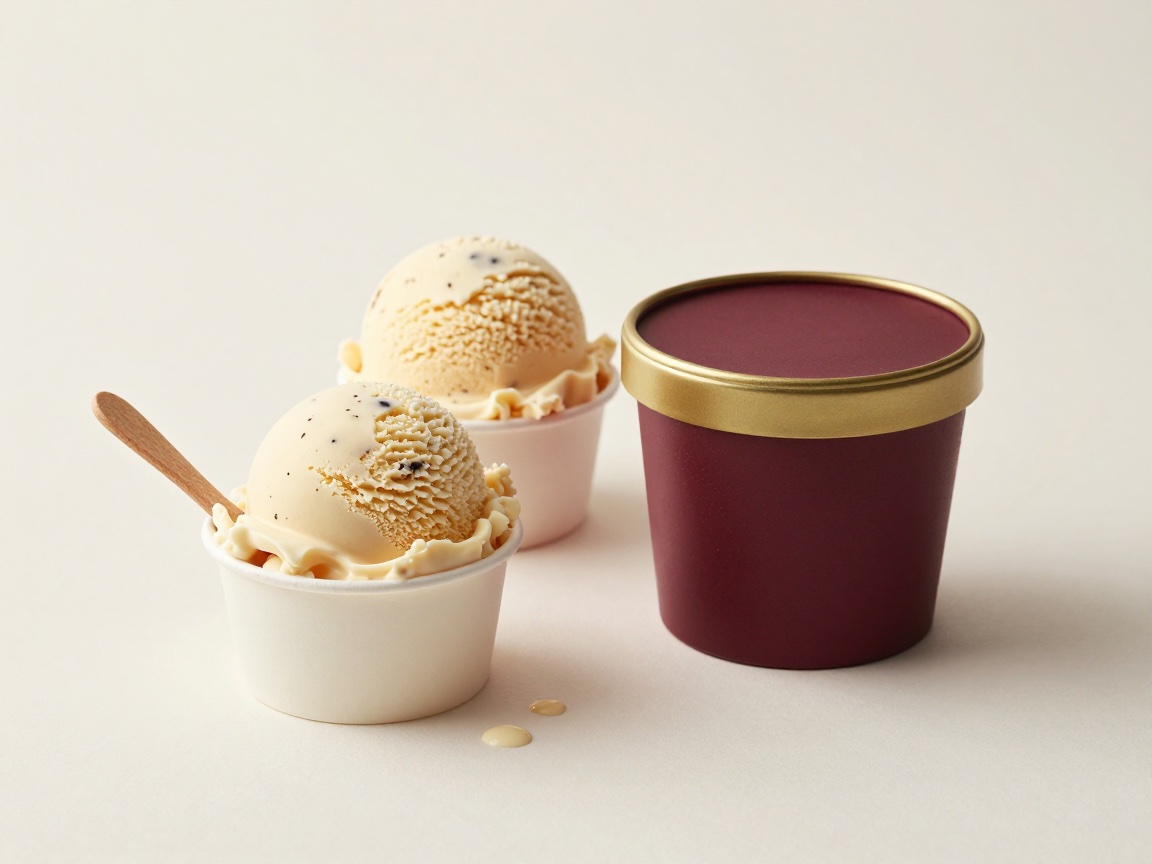 Two cups of vanilla ice cream with vanilla bean flecks and a wooden spoon, beside a burgundy pint tub with a gold-rimmed lid.