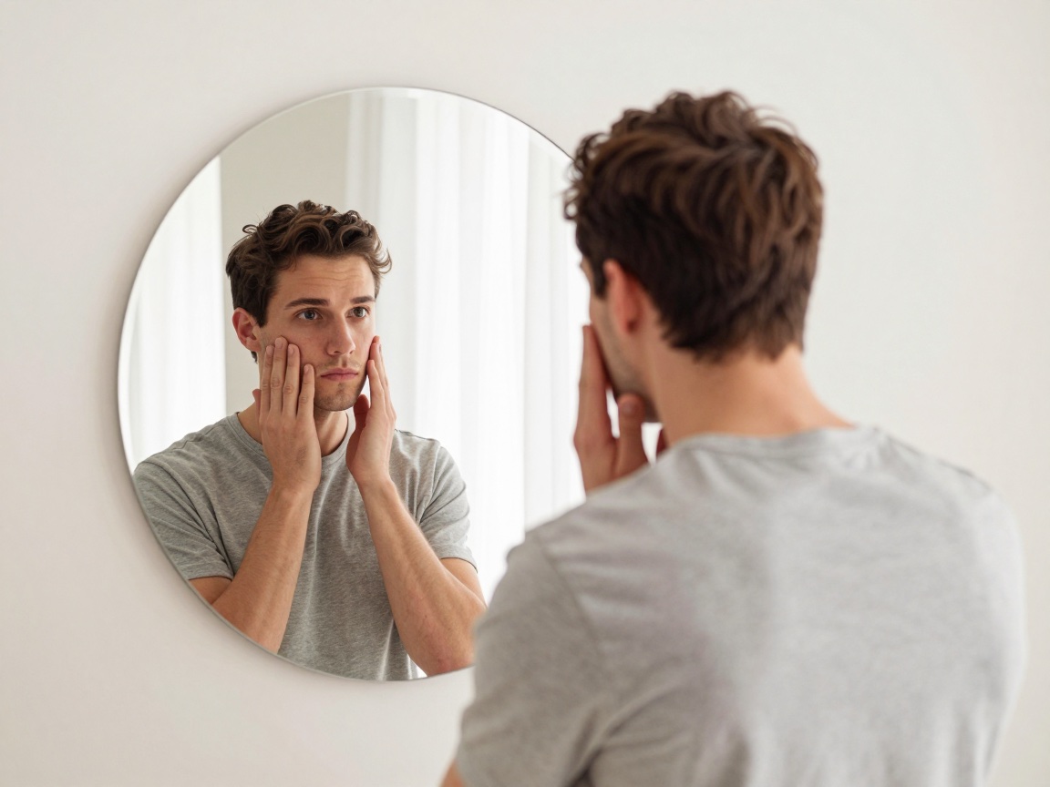 A young man in a grey T-shirt stands at a round mirror with his hands on his cheeks, looking at his reflection.