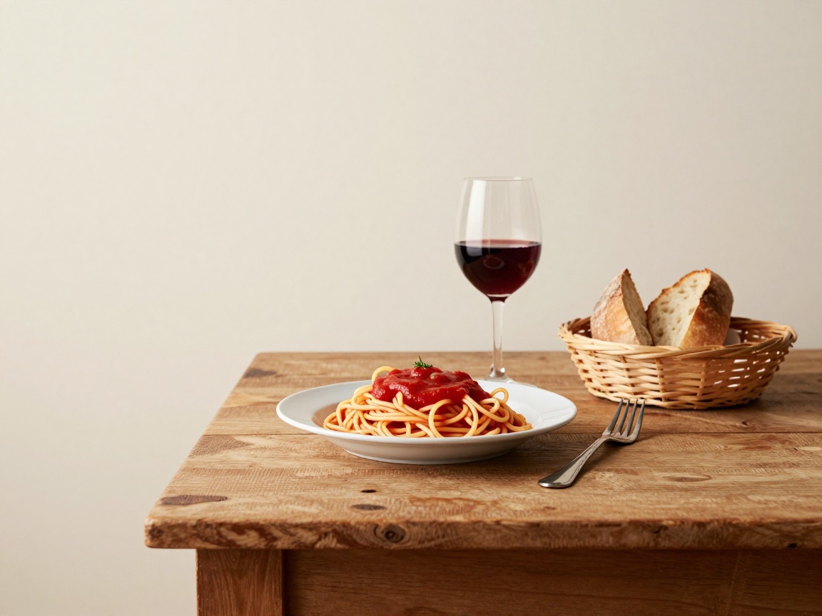 A plate of spaghetti topped with tomato sauce on a wooden table, beside a glass of red wine and a basket of bread.