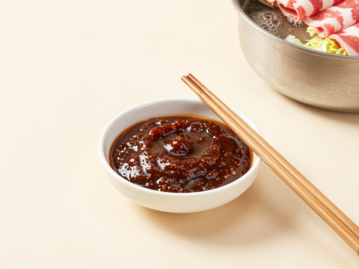 A small white bowl of glossy, grainy dark brown dipping sauce with bamboo chopsticks beside a hot pot of sliced beef.