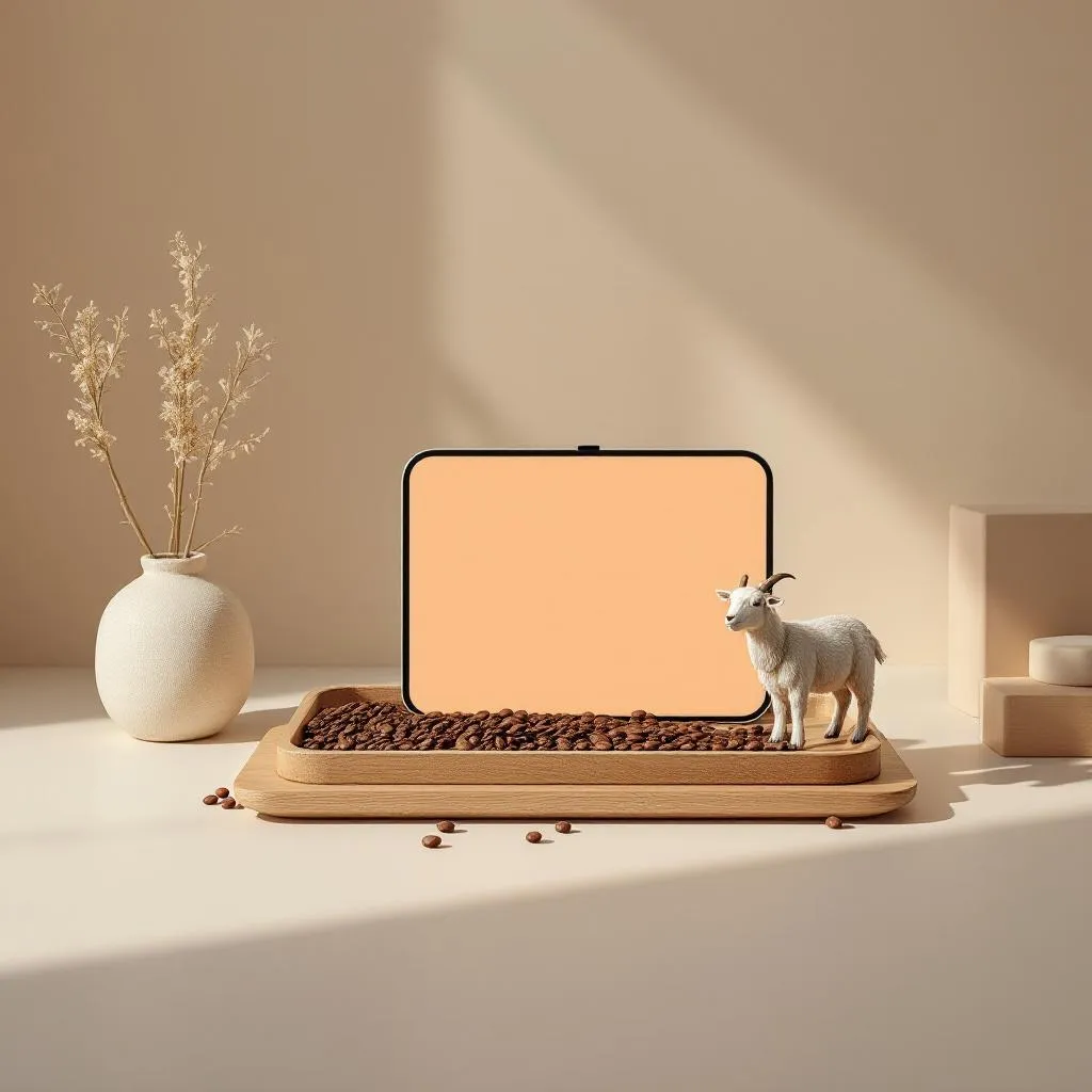 A white goat figurine stands on a wooden tray of coffee beans beside a blank frame, next to a small vase of dried flowers.