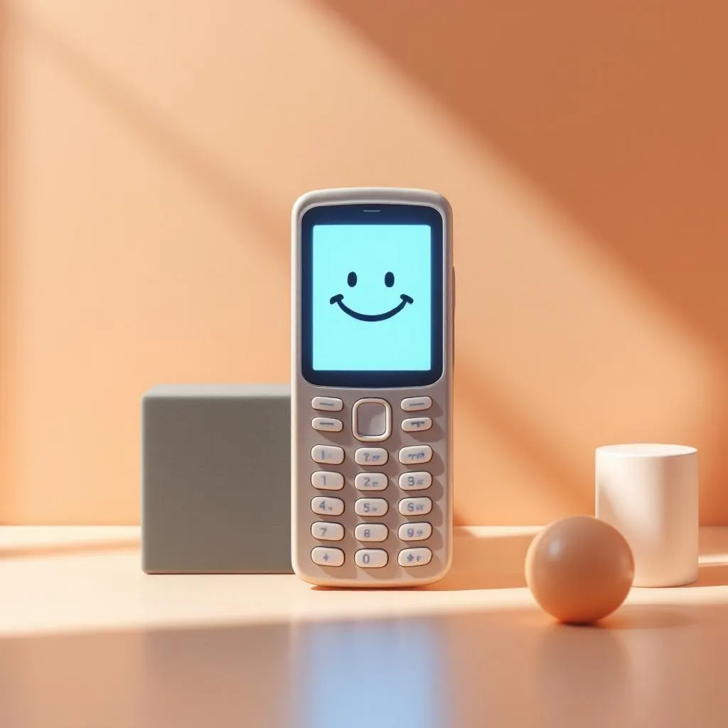 A retro push-button phone displaying a black smiley face on its screen stands upright among geometric props.