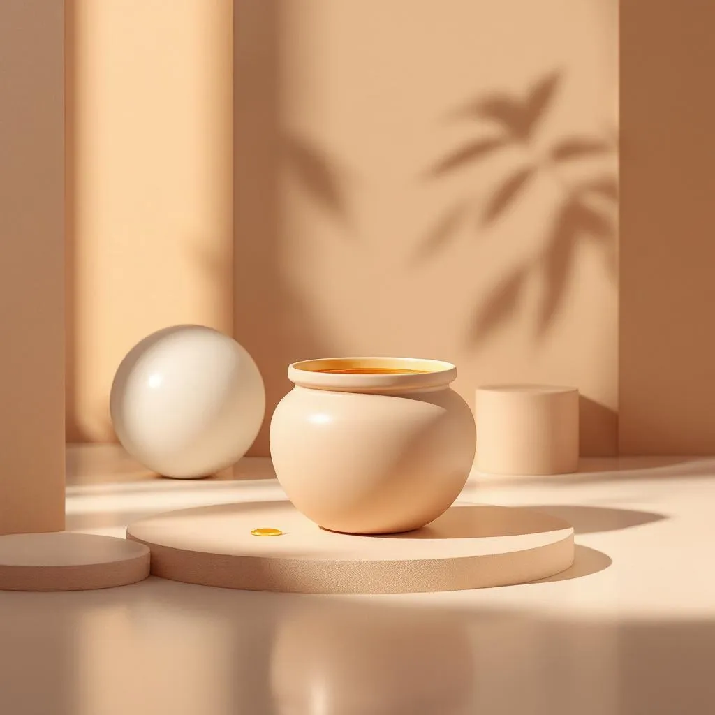 A ceramic pot filled with golden honey sits on a round pedestal with a single honey drop beside it.